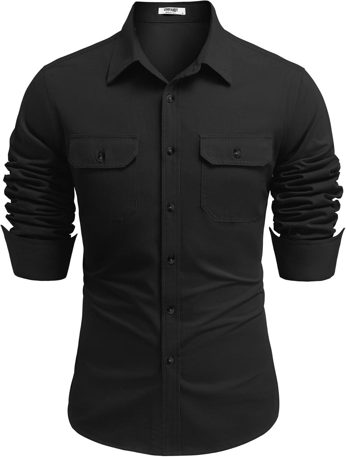 imageCOOFANDY Mens Western Cowboy Shirt Long Sleeve Cotton Button Down Work Shirts with PocketsBlack