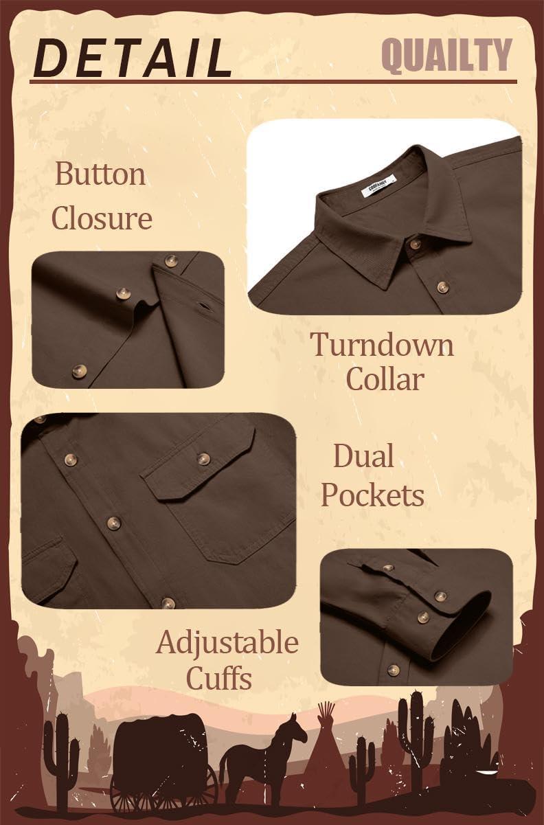 imageCOOFANDY Mens Western Cowboy Shirt Long Sleeve Cotton Button Down Work Shirts with PocketsBrown