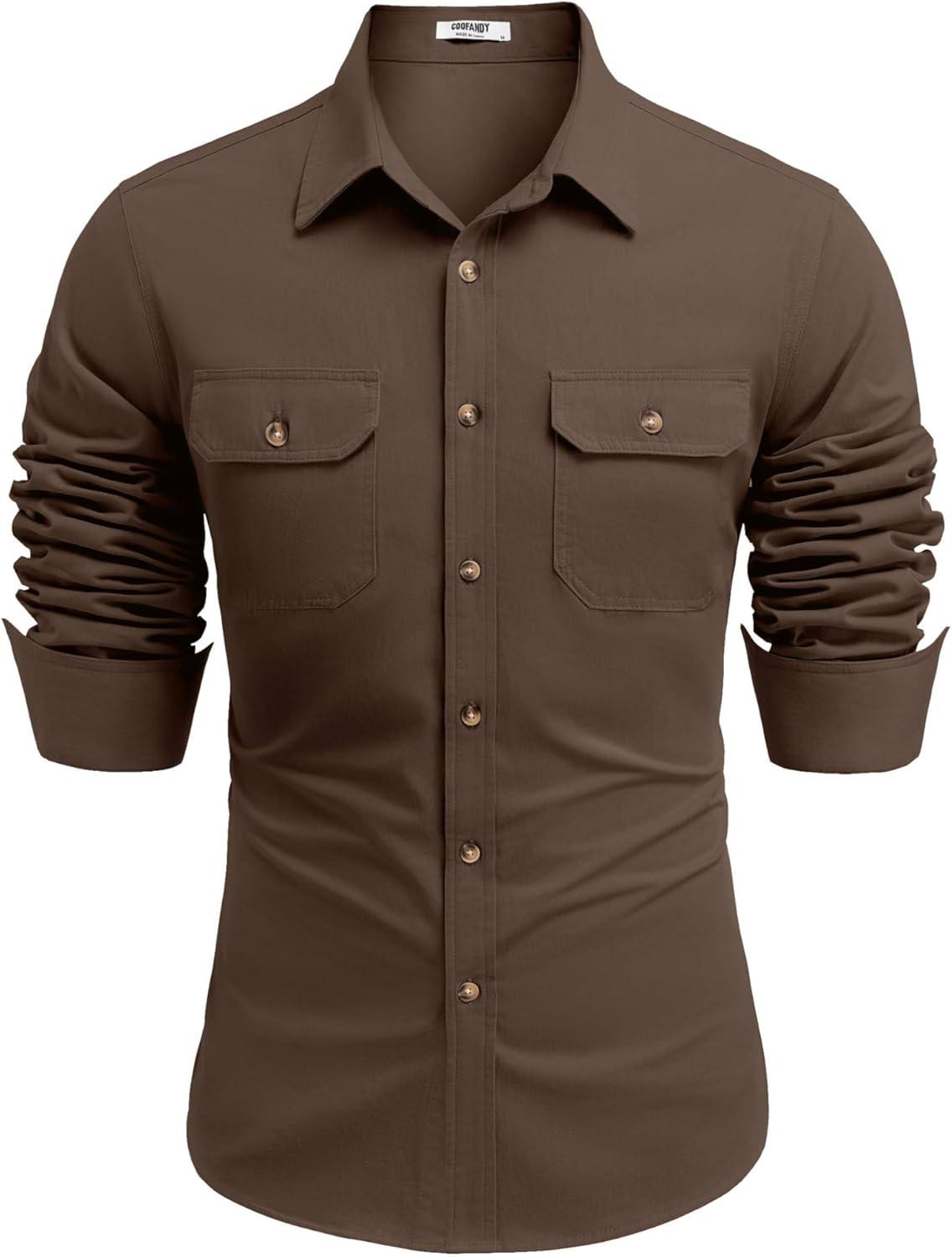 imageCOOFANDY Mens Western Cowboy Shirt Long Sleeve Cotton Button Down Work Shirts with PocketsBrown