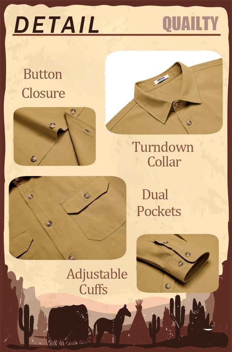 imageCOOFANDY Mens Western Cowboy Shirt Long Sleeve Cotton Button Down Work Shirts with PocketsKhaki