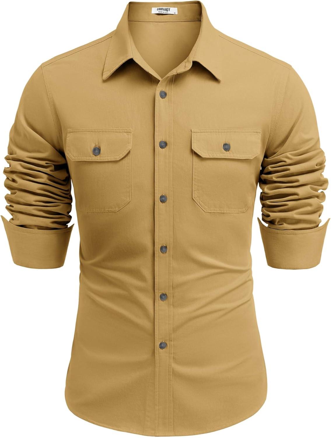 imageCOOFANDY Mens Western Cowboy Shirt Long Sleeve Cotton Button Down Work Shirts with PocketsKhaki