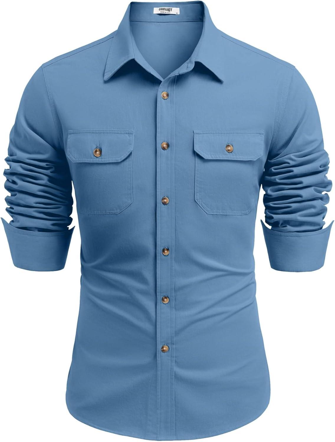 imageCOOFANDY Mens Western Cowboy Shirt Long Sleeve Cotton Button Down Work Shirts with PocketsLight Blue