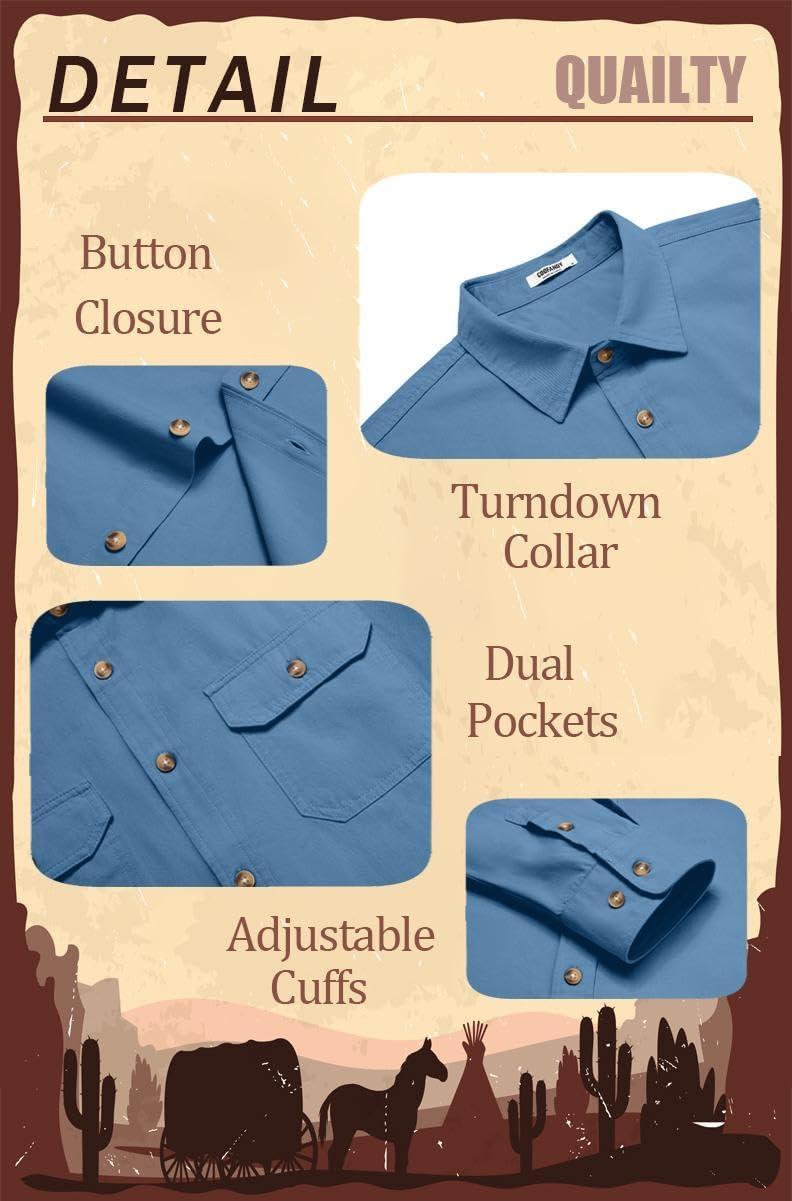 imageCOOFANDY Mens Western Cowboy Shirt Long Sleeve Cotton Button Down Work Shirts with PocketsLight Blue
