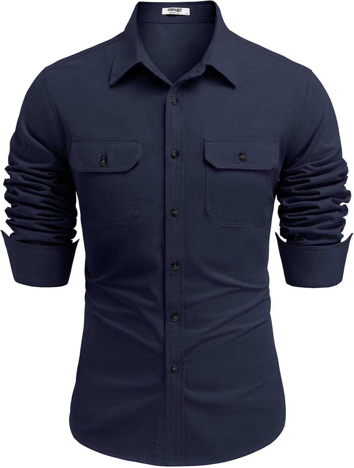 imageCOOFANDY Mens Western Cowboy Shirt Long Sleeve Cotton Button Down Work Shirts with PocketsNavy Blue