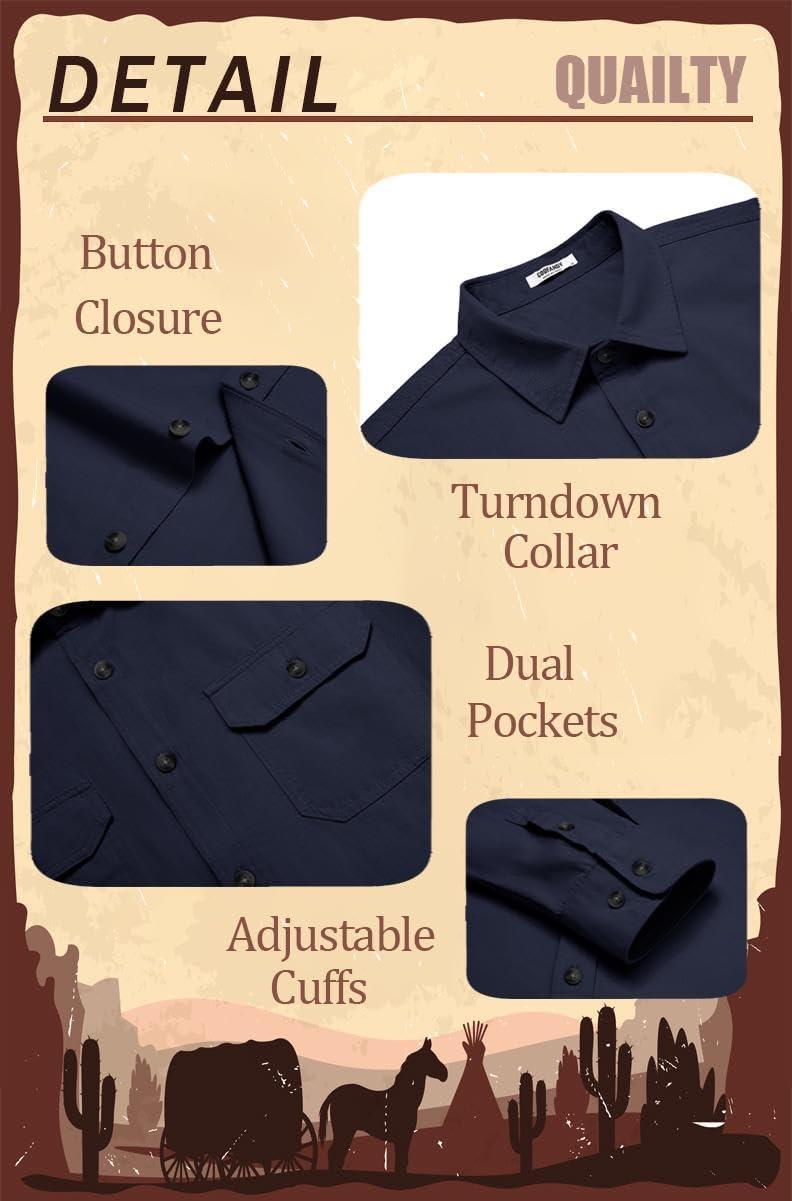 imageCOOFANDY Mens Western Cowboy Shirt Long Sleeve Cotton Button Down Work Shirts with PocketsNavy Blue