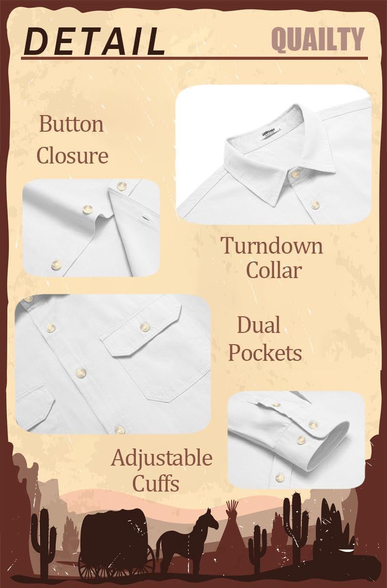 imageCOOFANDY Mens Western Cowboy Shirt Long Sleeve Cotton Button Down Work Shirts with PocketsWhite