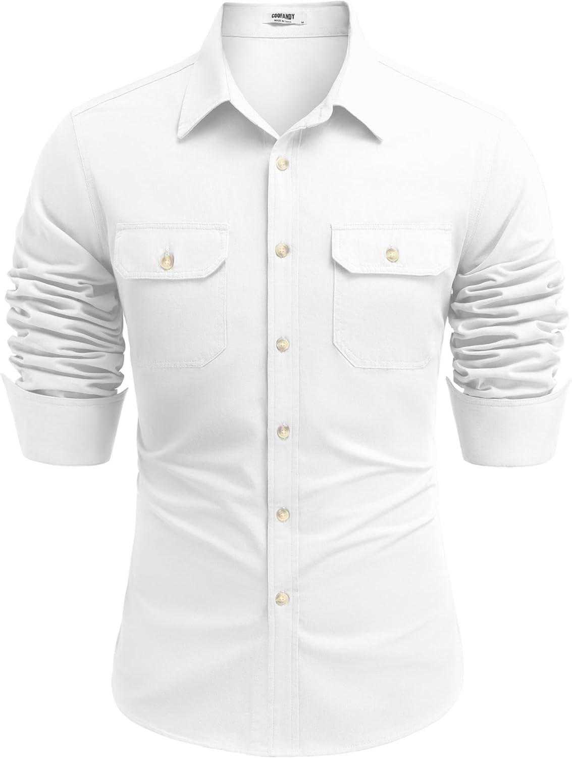 imageCOOFANDY Mens Western Cowboy Shirt Long Sleeve Cotton Button Down Work Shirts with PocketsWhite