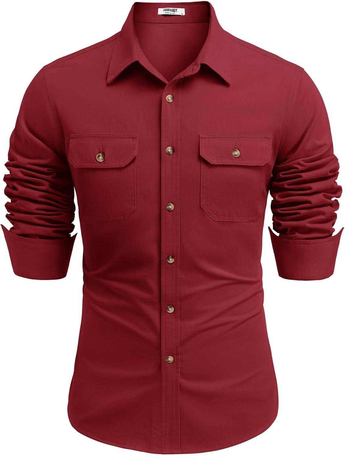 imageCOOFANDY Mens Western Cowboy Shirt Long Sleeve Cotton Button Down Work Shirts with PocketsWine Red