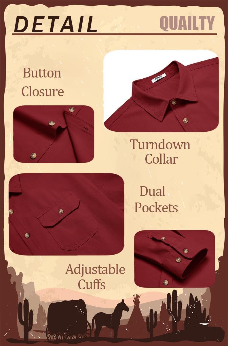imageCOOFANDY Mens Western Cowboy Shirt Long Sleeve Cotton Button Down Work Shirts with PocketsWine Red