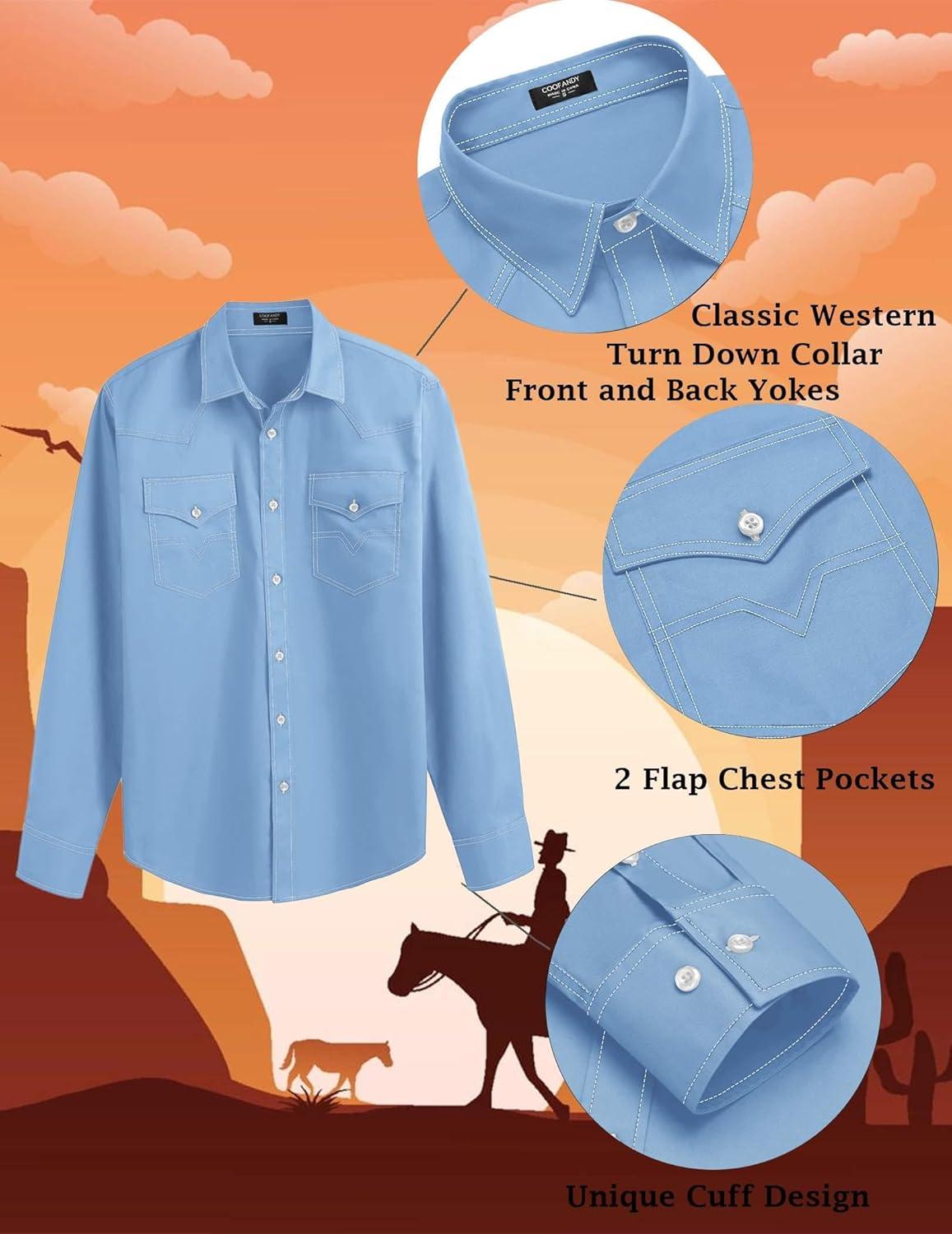 imageCOOFANDY Mens Western Cowboy Shirts Cotton Long Sleeve Shirts with Two Pockets EmbroideredLight Blue