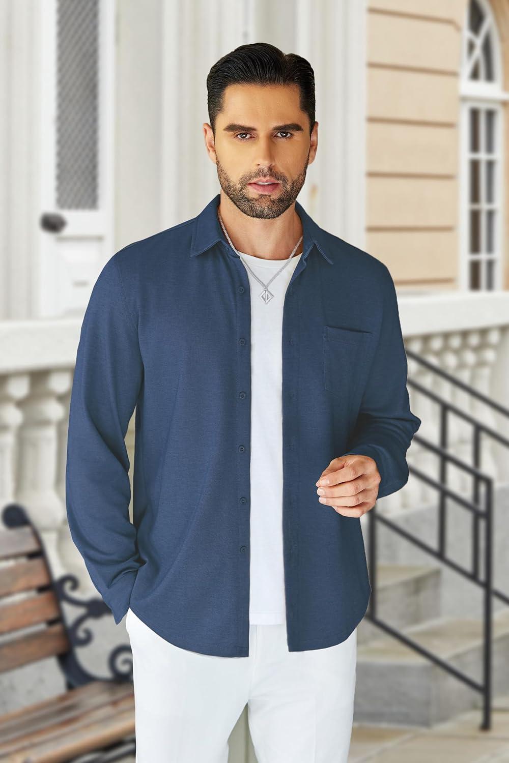 imageCOOFANDY Mens Wrinkle Free Shirt Casual Button Down Long Sleeve Dress ShirtsBlue