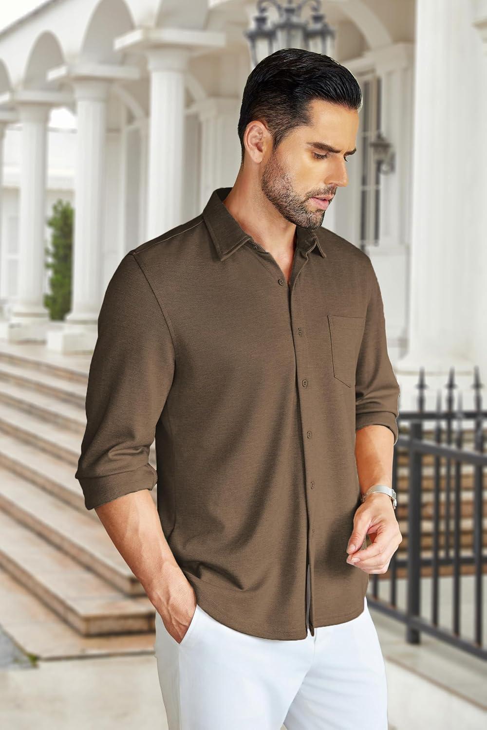 imageCOOFANDY Mens Wrinkle Free Shirt Casual Button Down Long Sleeve Dress ShirtsBrown