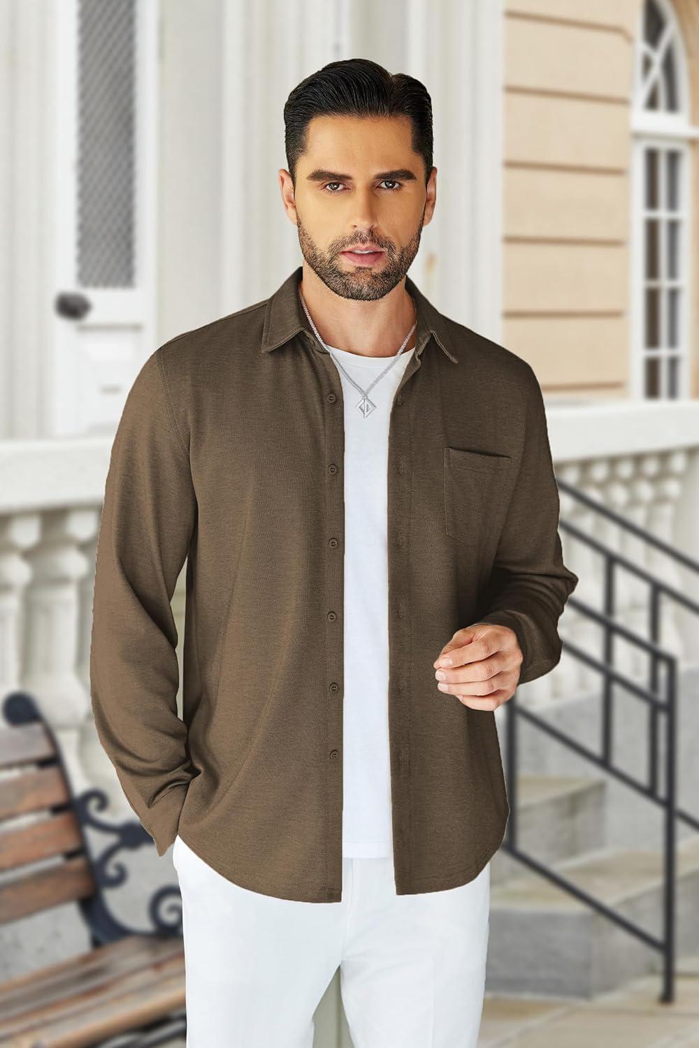 imageCOOFANDY Mens Wrinkle Free Shirt Casual Button Down Long Sleeve Dress ShirtsBrown