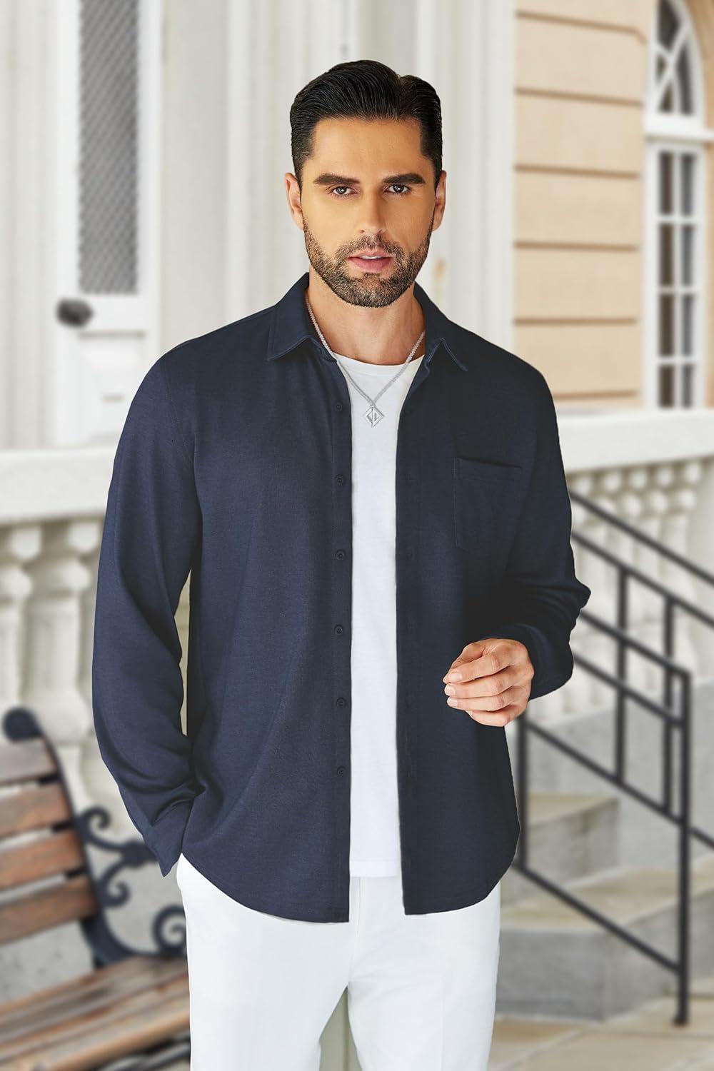 imageCOOFANDY Mens Wrinkle Free Shirt Casual Button Down Long Sleeve Dress ShirtsDark Blue