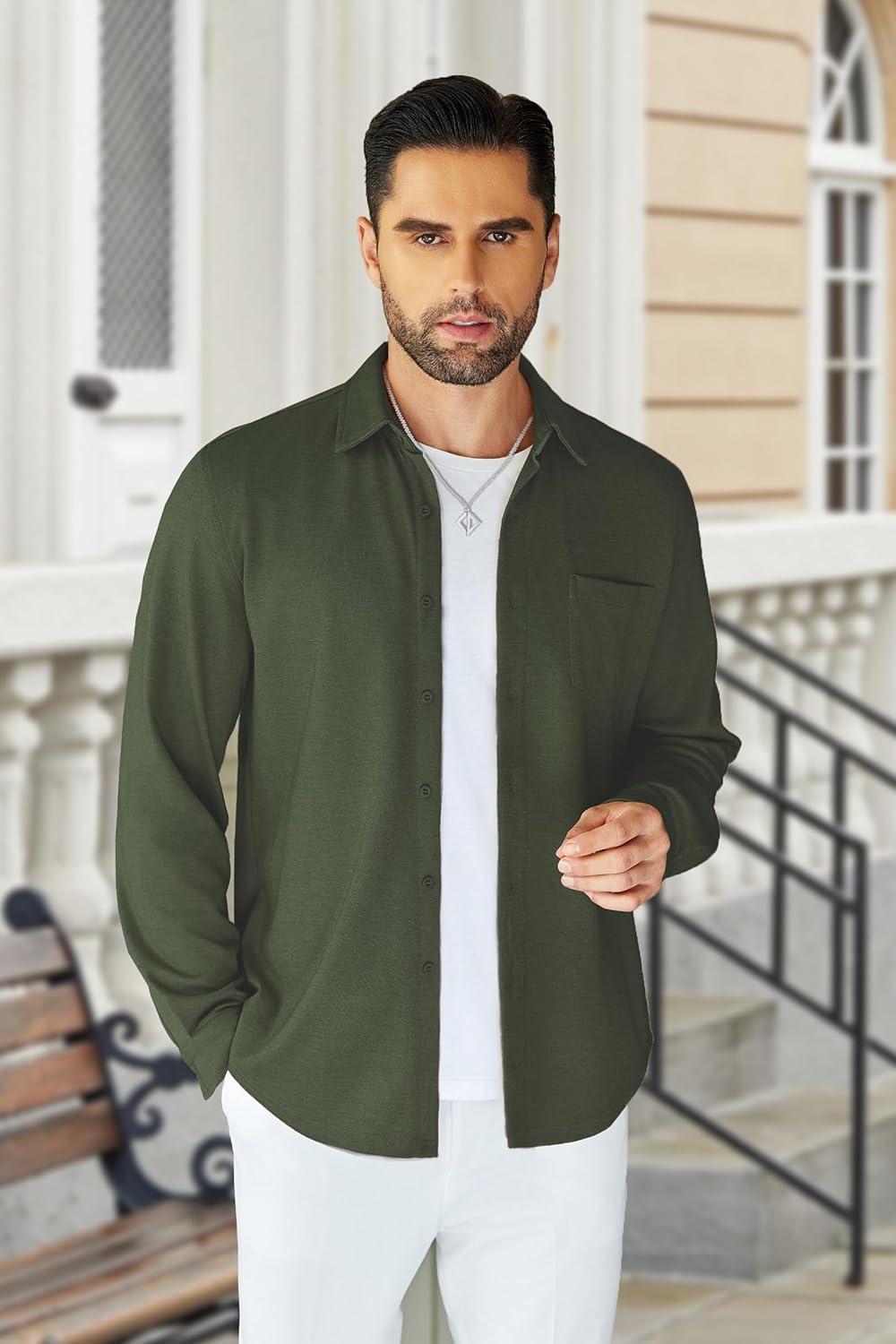 imageCOOFANDY Mens Wrinkle Free Shirt Casual Button Down Long Sleeve Dress ShirtsDark Green