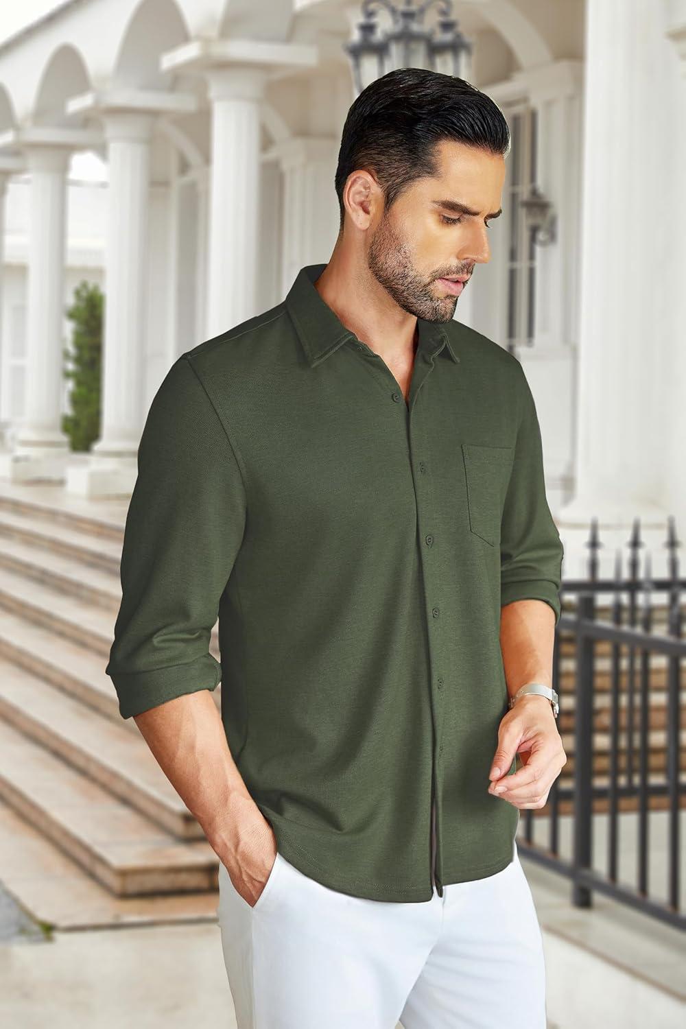 imageCOOFANDY Mens Wrinkle Free Shirt Casual Button Down Long Sleeve Dress ShirtsDark Green