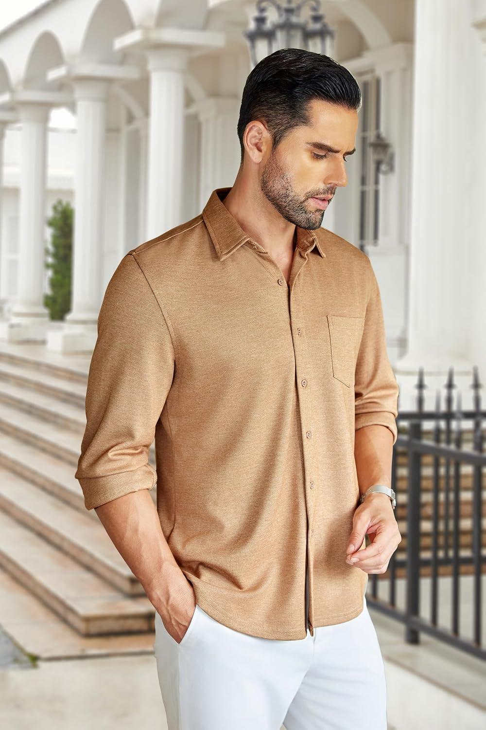 imageCOOFANDY Mens Wrinkle Free Shirt Casual Button Down Long Sleeve Dress ShirtsLight Brown