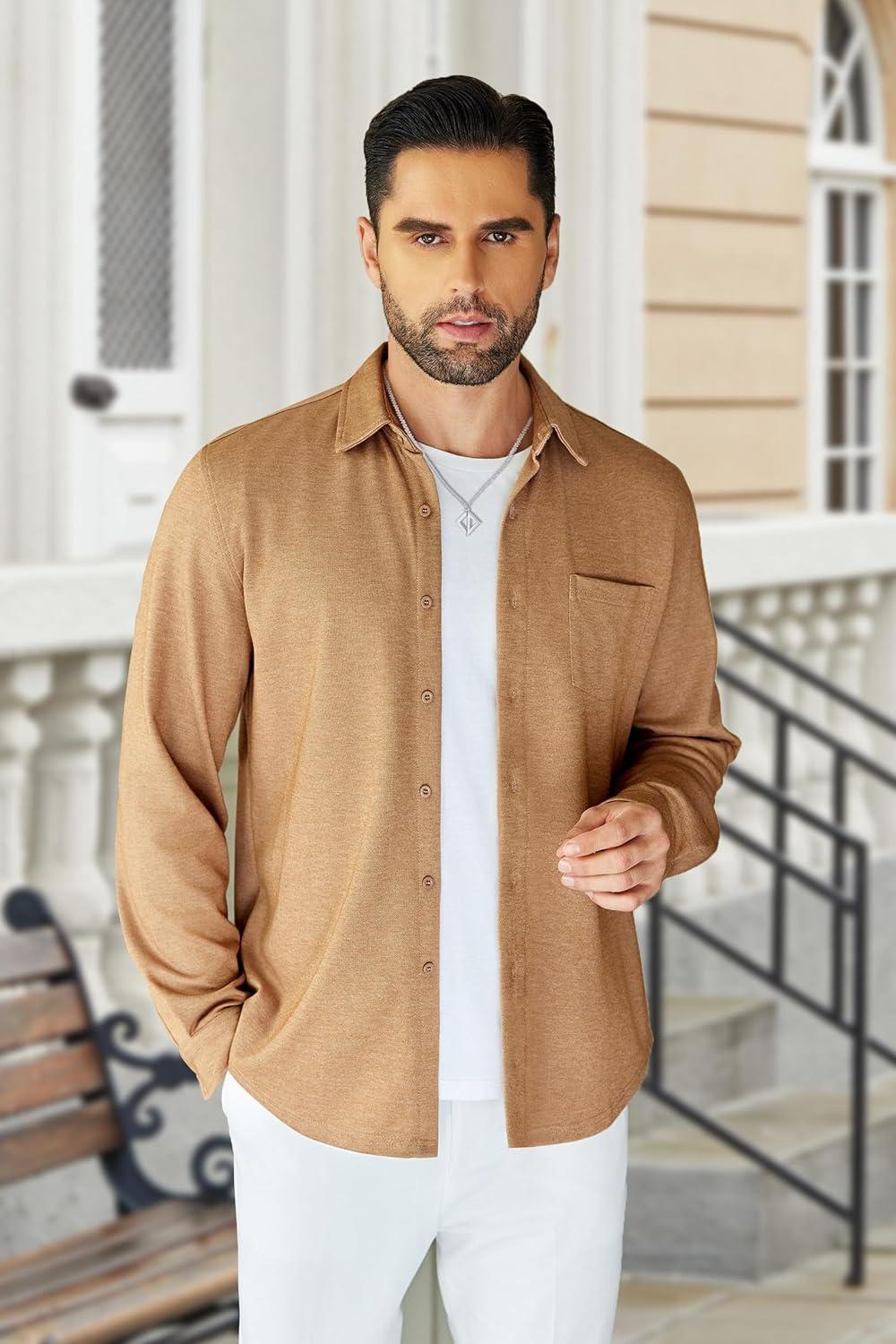 imageCOOFANDY Mens Wrinkle Free Shirt Casual Button Down Long Sleeve Dress ShirtsLight Brown