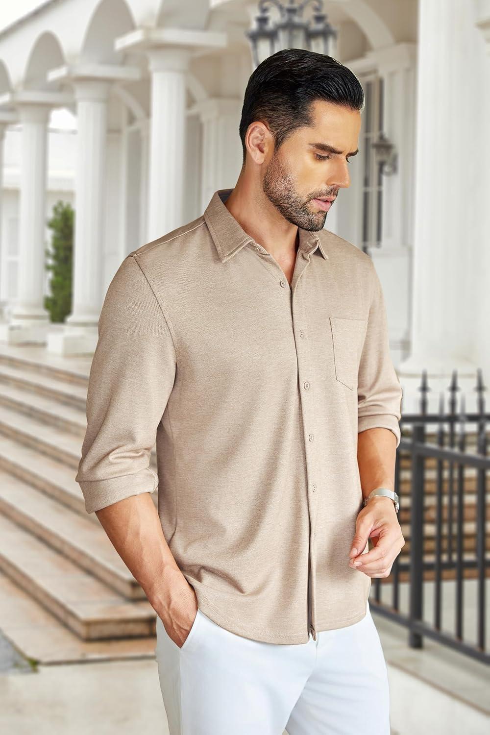 imageCOOFANDY Mens Wrinkle Free Shirt Casual Button Down Long Sleeve Dress ShirtsLight Coffee