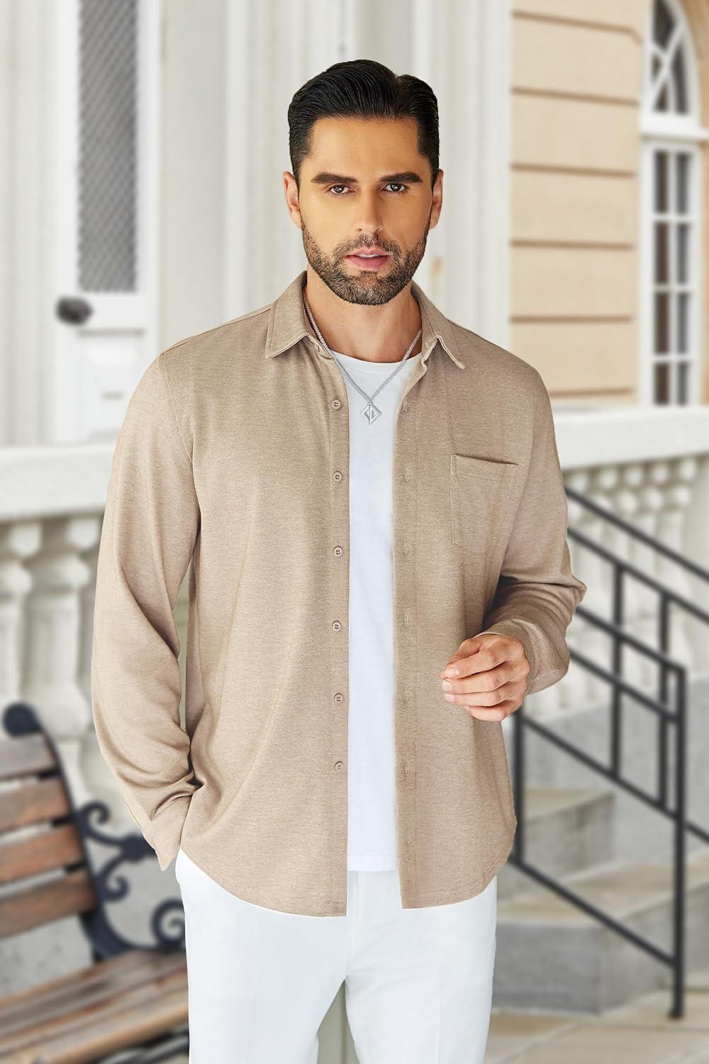 imageCOOFANDY Mens Wrinkle Free Shirt Casual Button Down Long Sleeve Dress ShirtsLight Coffee