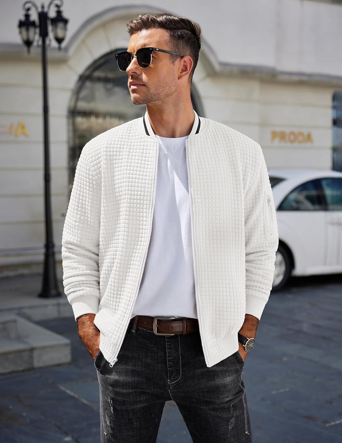 imageCOOFANDY Mens Zip Up Sweater Jacket Waffle Sweatshirt Knit Bomber Lightweight Casual JacketsWhite