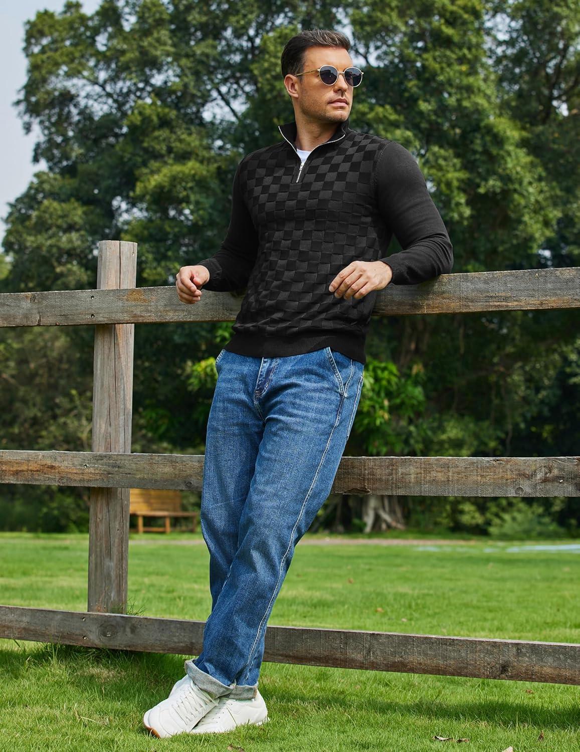 imageCOOFANDY Quarter Zip Pullover Men Dress Sweaters Long Sleeve Jacquard Checkered SweaterBlack