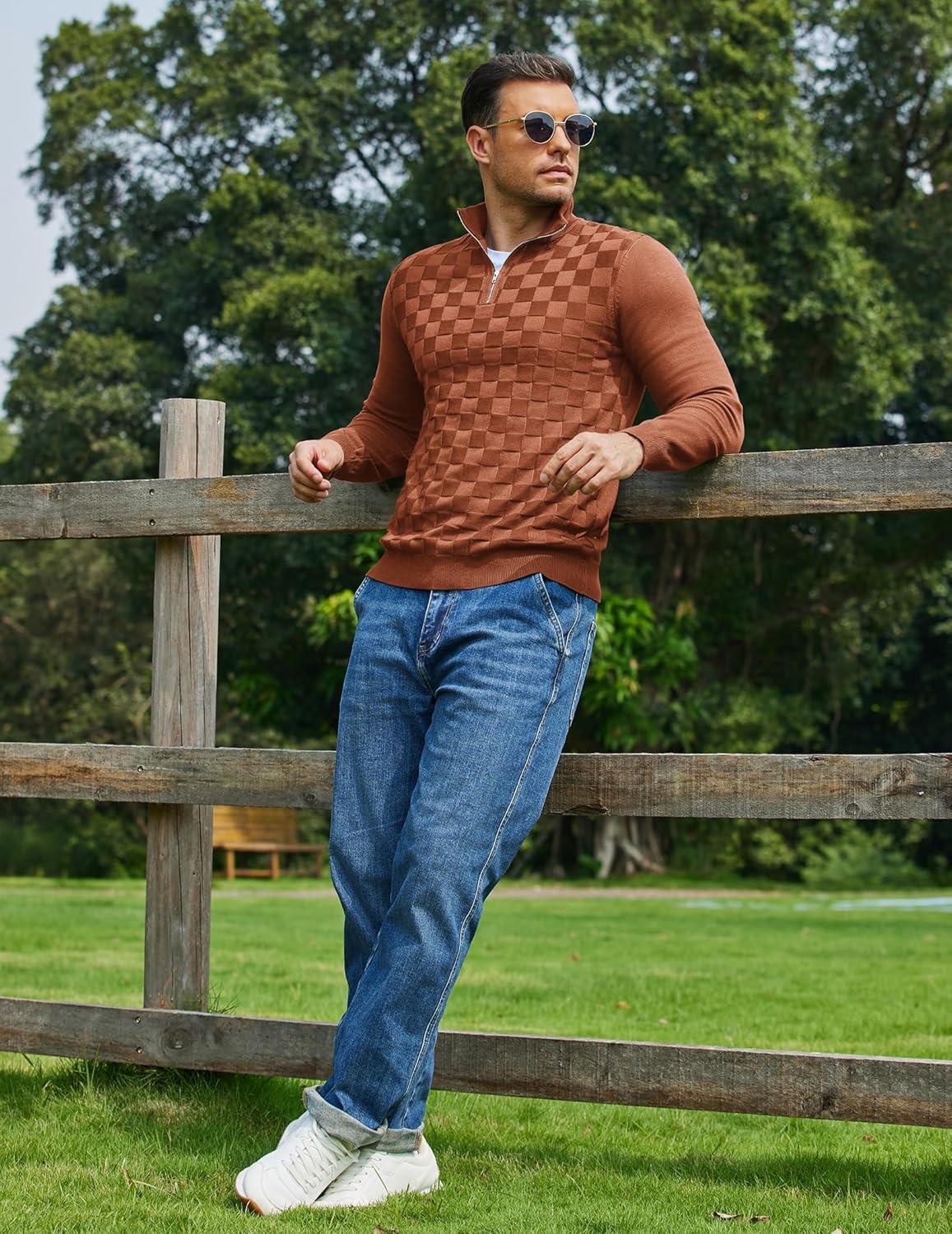imageCOOFANDY Quarter Zip Pullover Men Dress Sweaters Long Sleeve Jacquard Checkered SweaterBrown