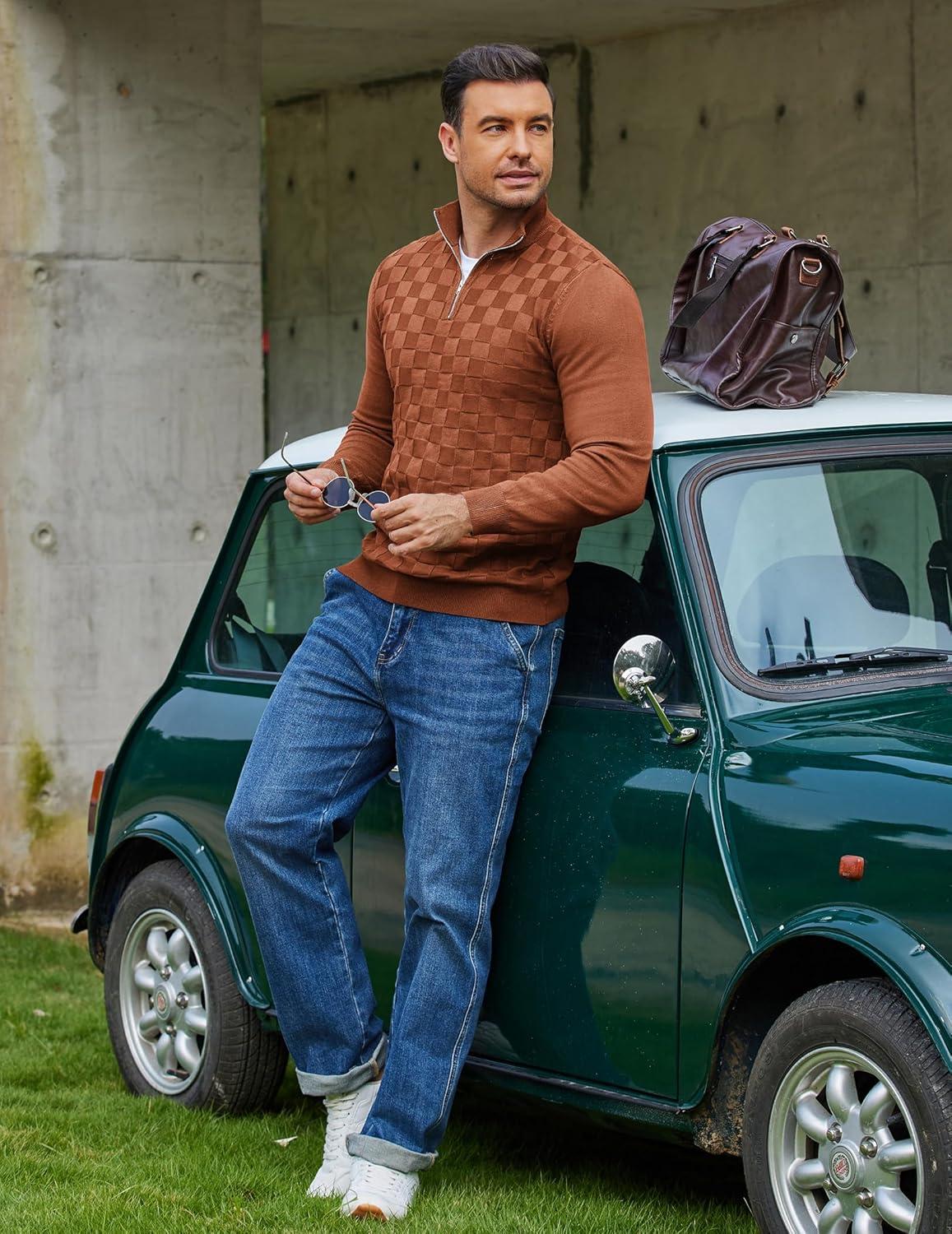 imageCOOFANDY Quarter Zip Pullover Men Dress Sweaters Long Sleeve Jacquard Checkered SweaterBrown