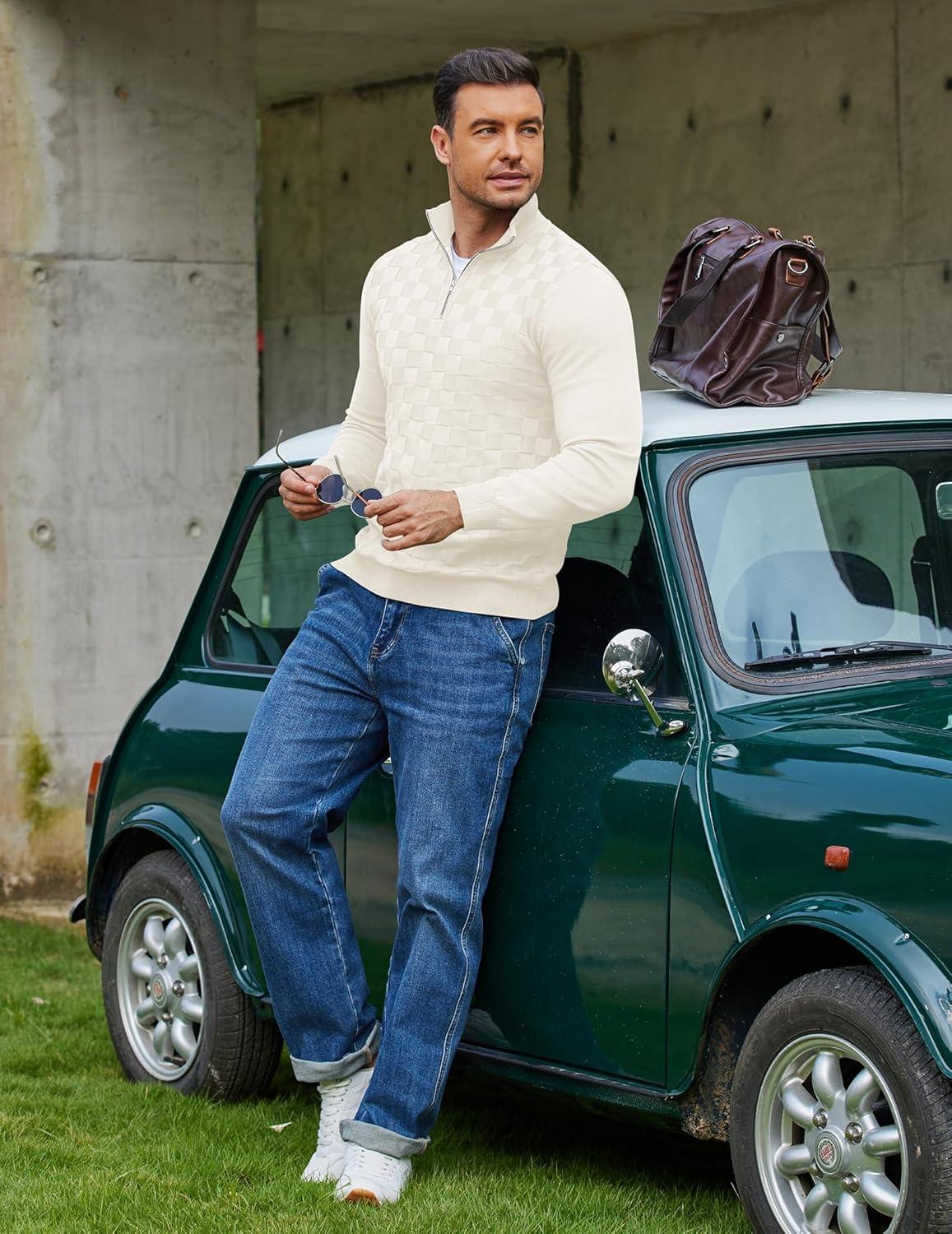 imageCOOFANDY Quarter Zip Pullover Men Dress Sweaters Long Sleeve Jacquard Checkered SweaterChampagne