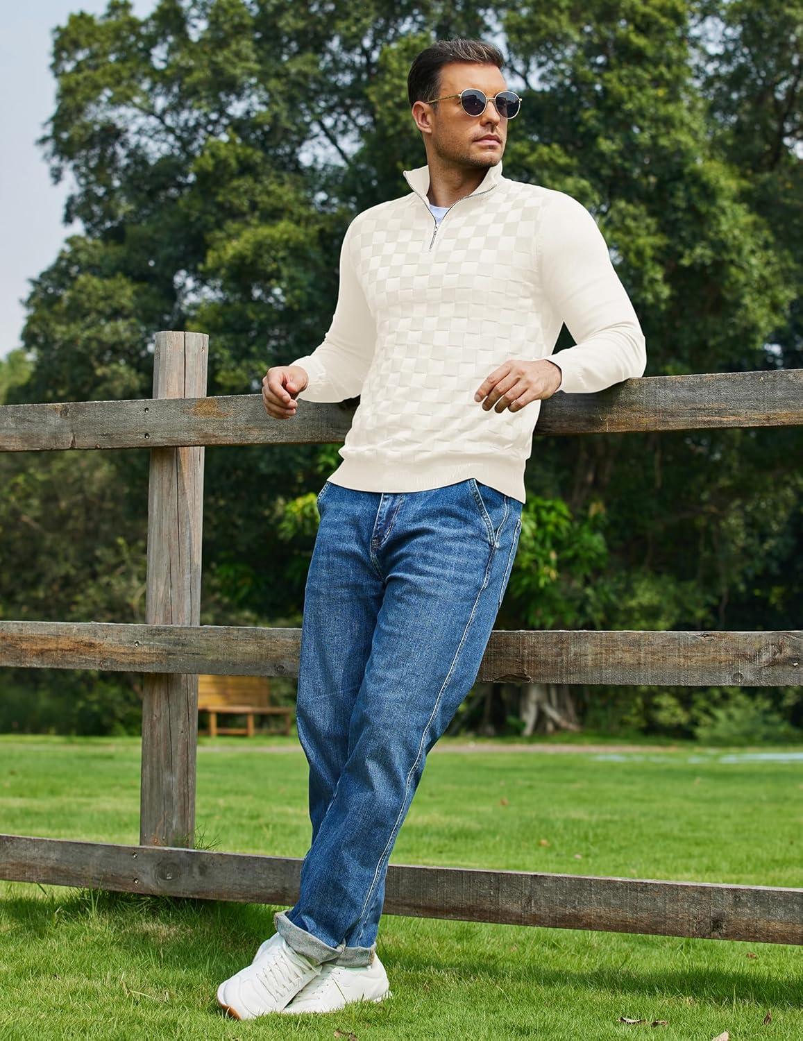 imageCOOFANDY Quarter Zip Pullover Men Dress Sweaters Long Sleeve Jacquard Checkered SweaterChampagne