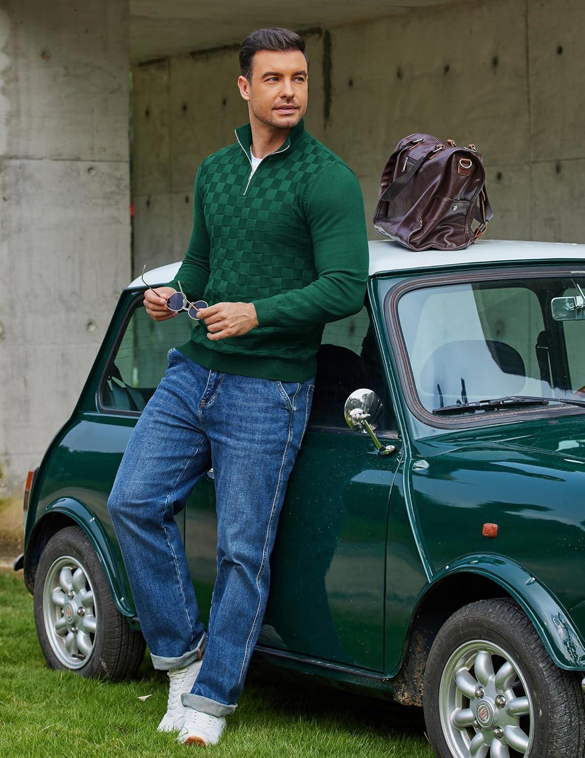 imageCOOFANDY Quarter Zip Pullover Men Dress Sweaters Long Sleeve Jacquard Checkered SweaterGreen