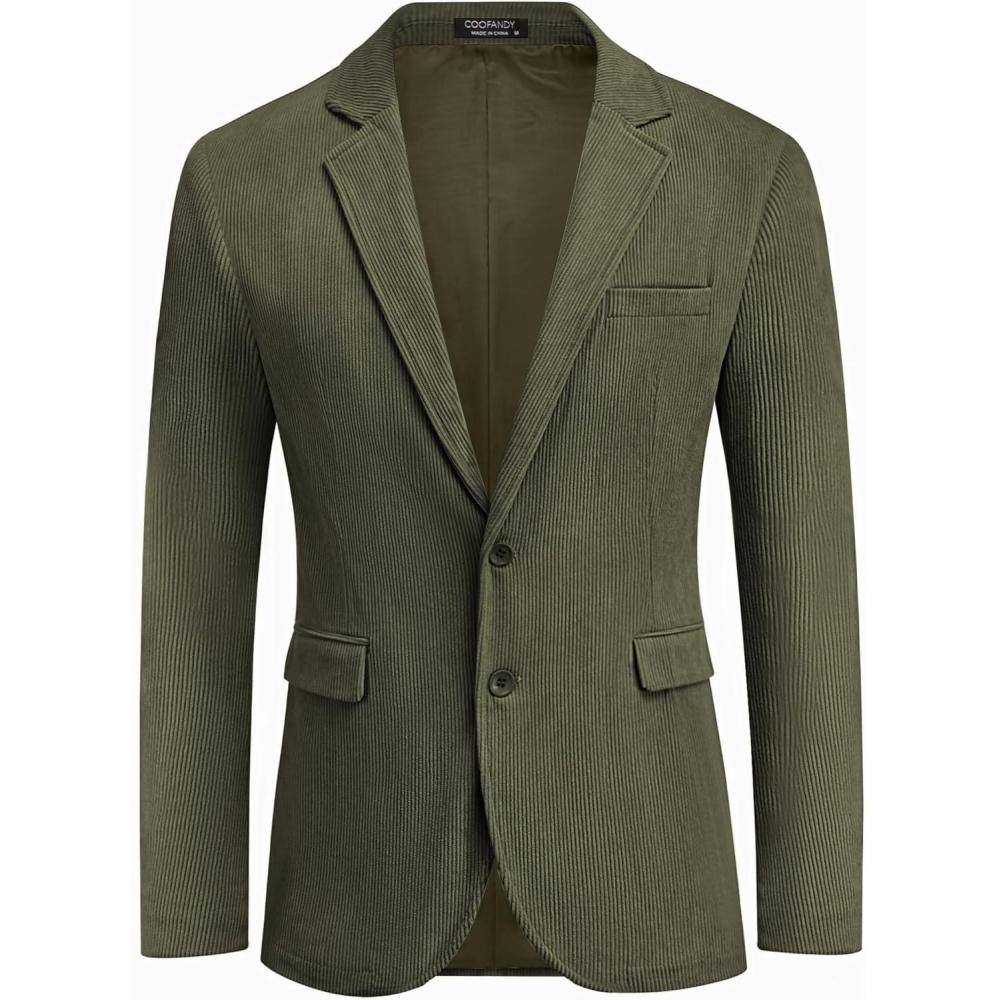 imageCOOFADNY Mens Casual Corduroy Blazer Classic Fit Two Button Sport Coat Fashion Notch Lapel Blazer JacketArmy Green