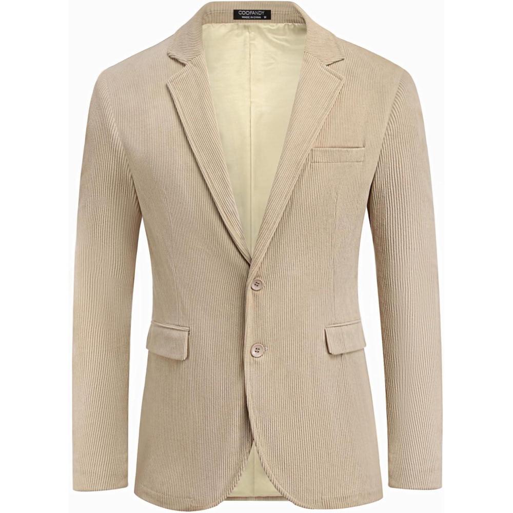 imageCOOFADNY Mens Casual Corduroy Blazer Classic Fit Two Button Sport Coat Fashion Notch Lapel Blazer JacketBeige