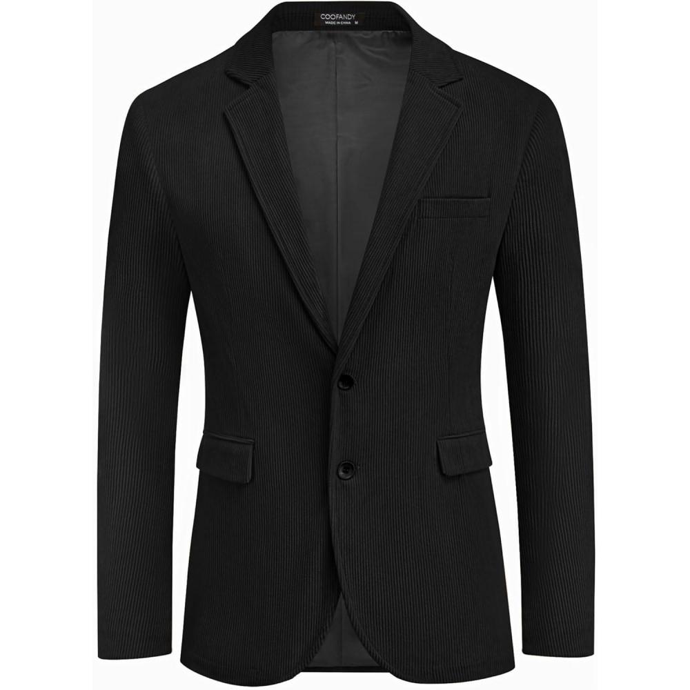imageCOOFADNY Mens Casual Corduroy Blazer Classic Fit Two Button Sport Coat Fashion Notch Lapel Blazer JacketBlack