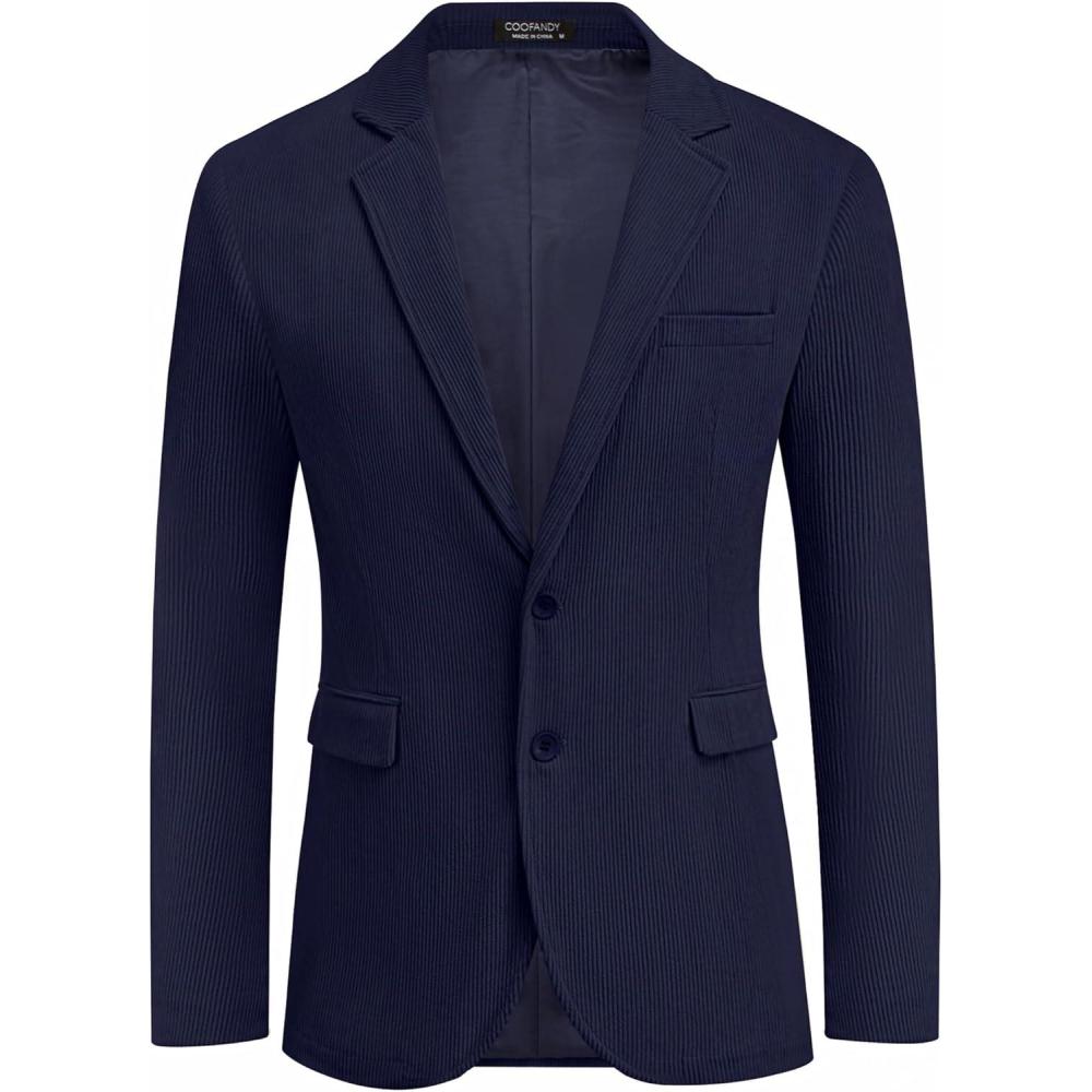 imageCOOFADNY Mens Casual Corduroy Blazer Classic Fit Two Button Sport Coat Fashion Notch Lapel Blazer JacketDark Blue