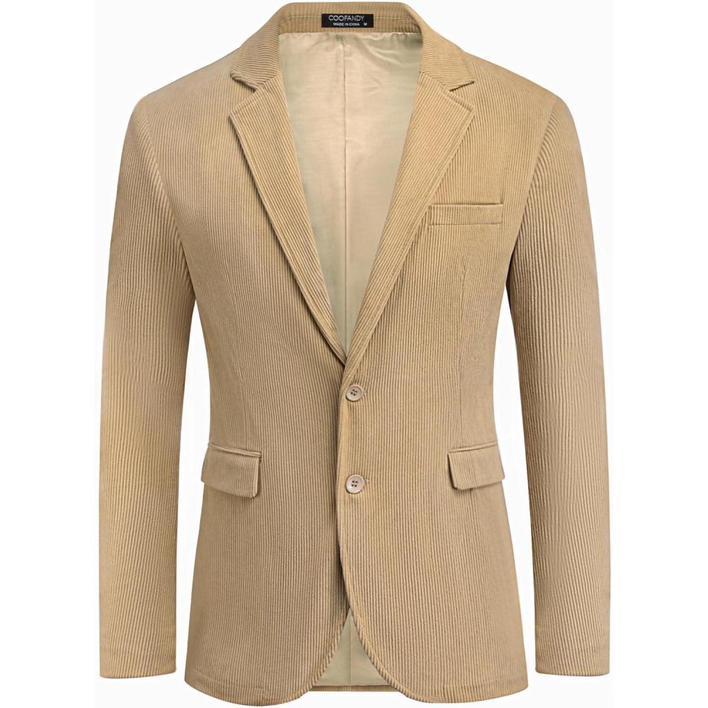 imageCOOFADNY Mens Casual Corduroy Blazer Classic Fit Two Button Sport Coat Fashion Notch Lapel Blazer JacketKhaki