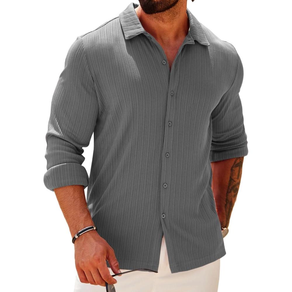 imageCOOFANDY Athletic Fit Dress Shirts for Men Ribbed Knit Textured Button Down ShirtsDark Grey