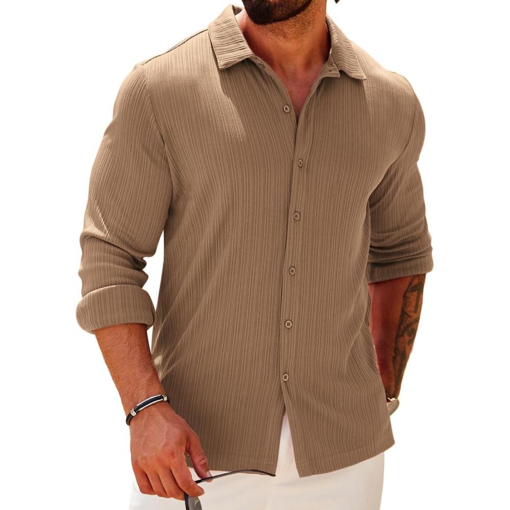 imageCOOFANDY Athletic Fit Dress Shirts for Men Ribbed Knit Textured Button Down ShirtsLight Brown