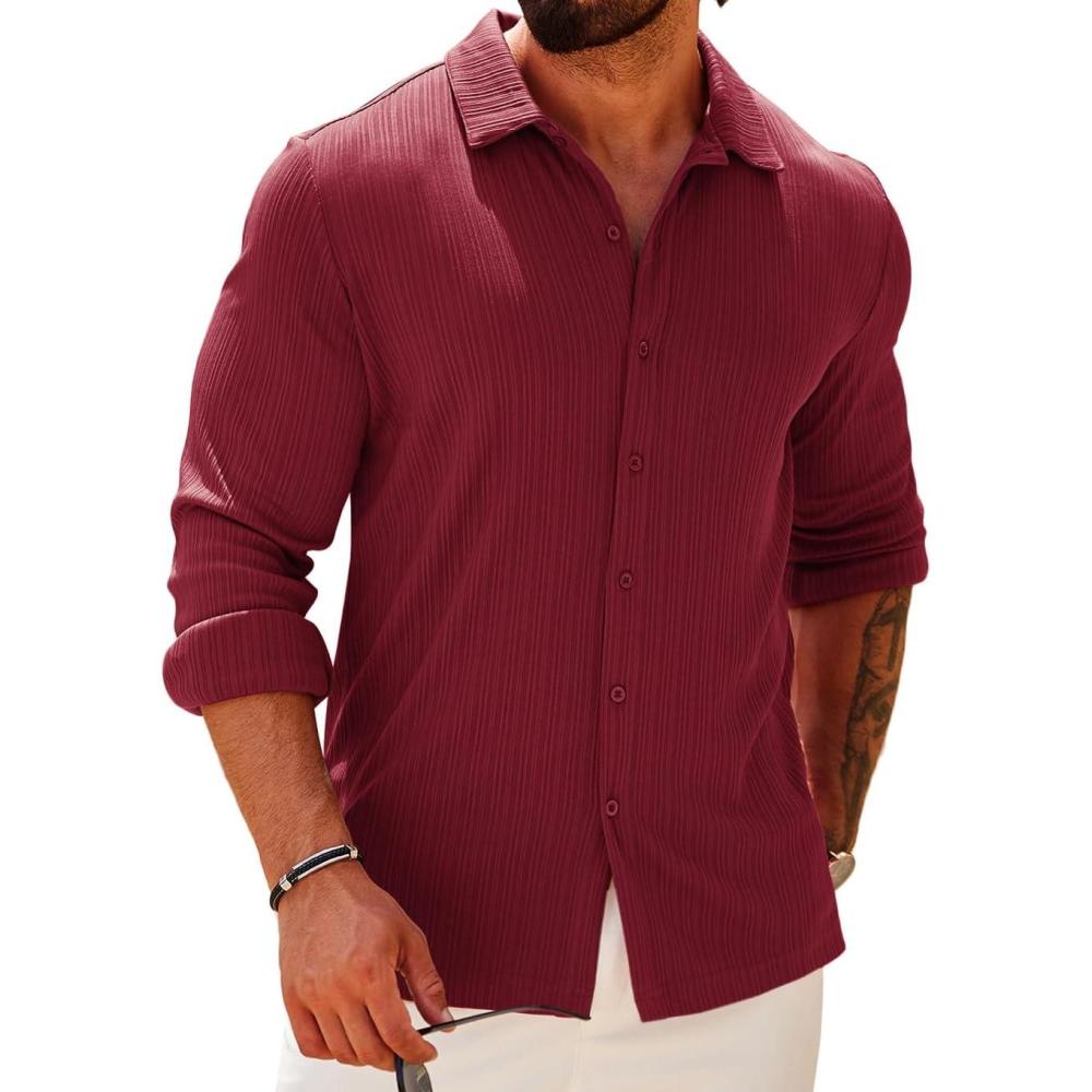 imageCOOFANDY Athletic Fit Dress Shirts for Men Ribbed Knit Textured Button Down ShirtsWine
