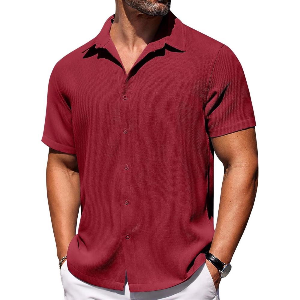 imageCOOFANDY Button Down Short Sleeve Summer Casual Beach Shirts ShirtWine Red