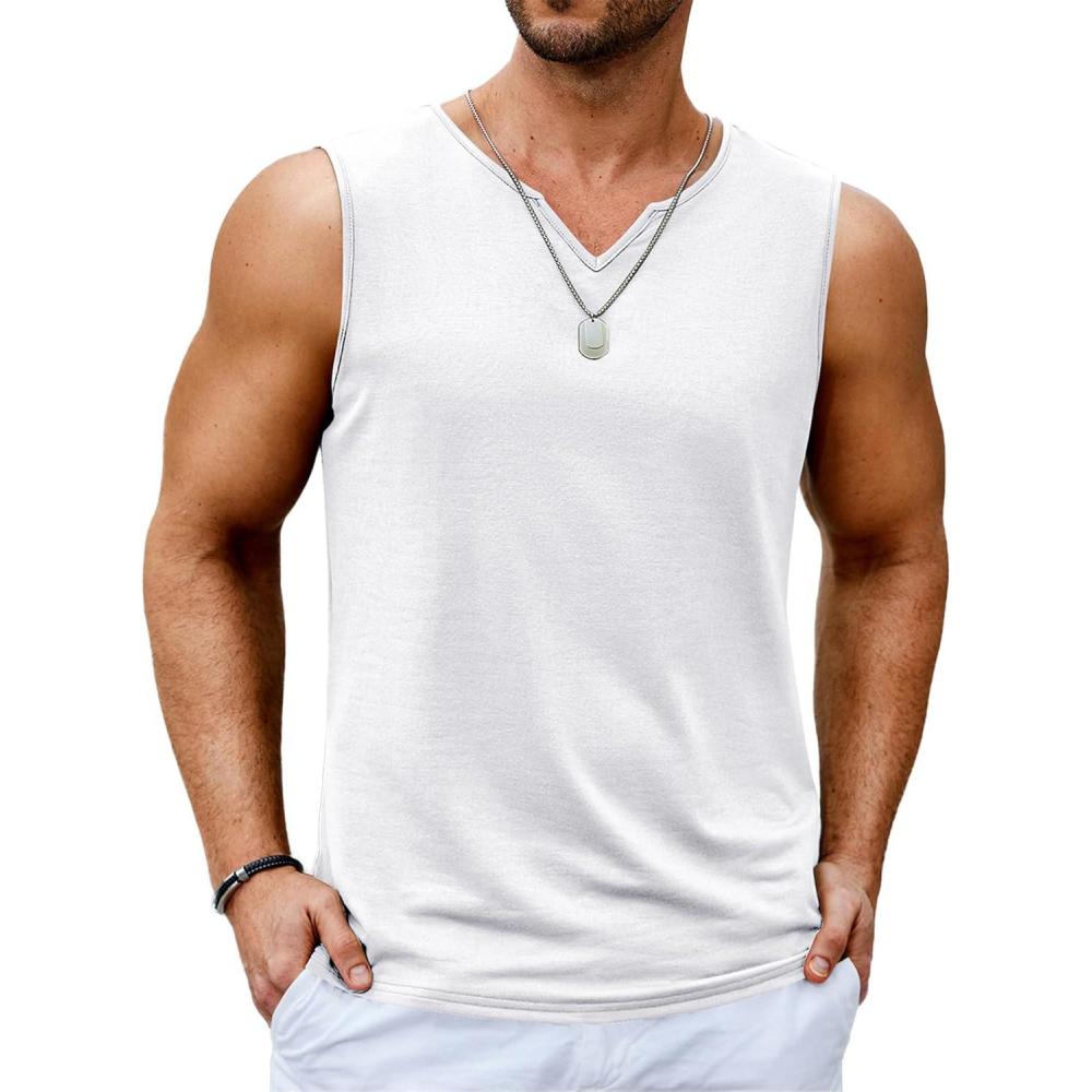 imageCOOFANDY Casual Sleeveless Shirts for Men Cotton V Neck Tank Tops Summer 2 Pack Workout Gym Muscle TeeWhite