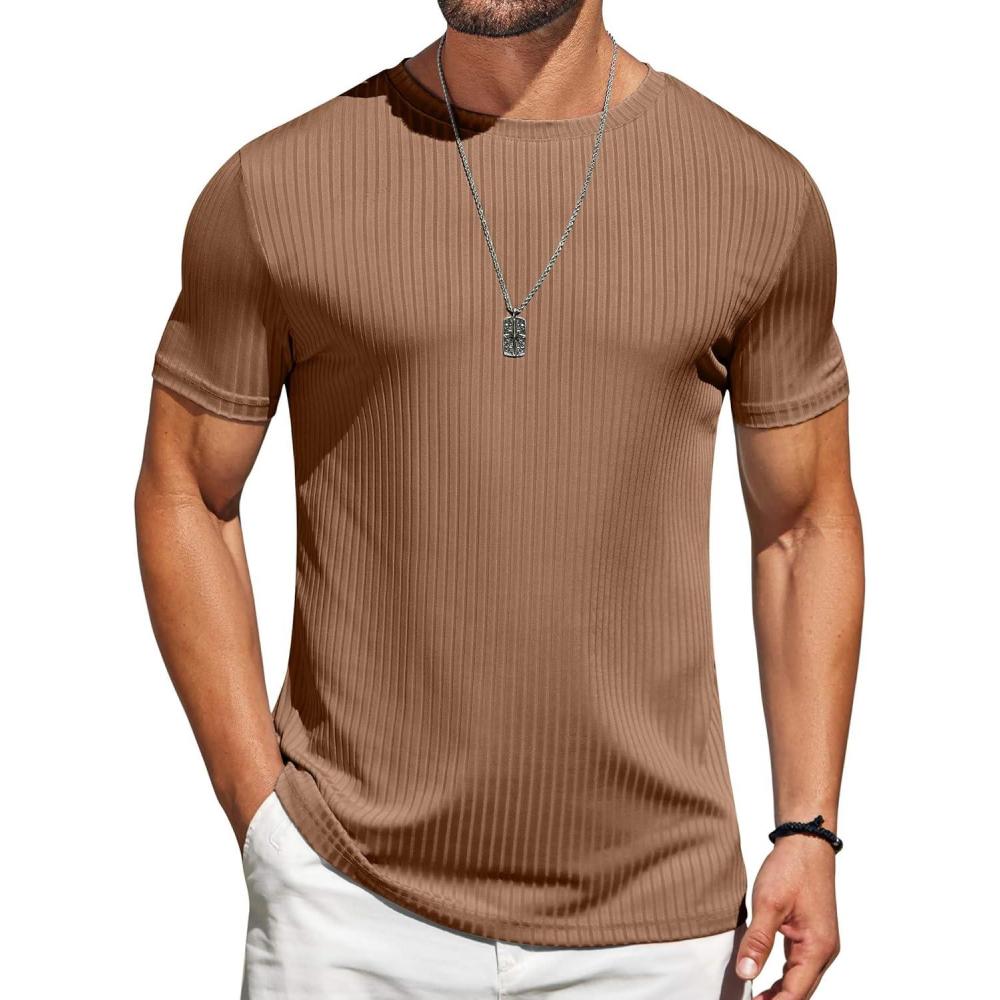 imageCOOFANDY Crew Neck Tshirts for Men Crew Neck Casual Summer Beach Tee Shirt Brown