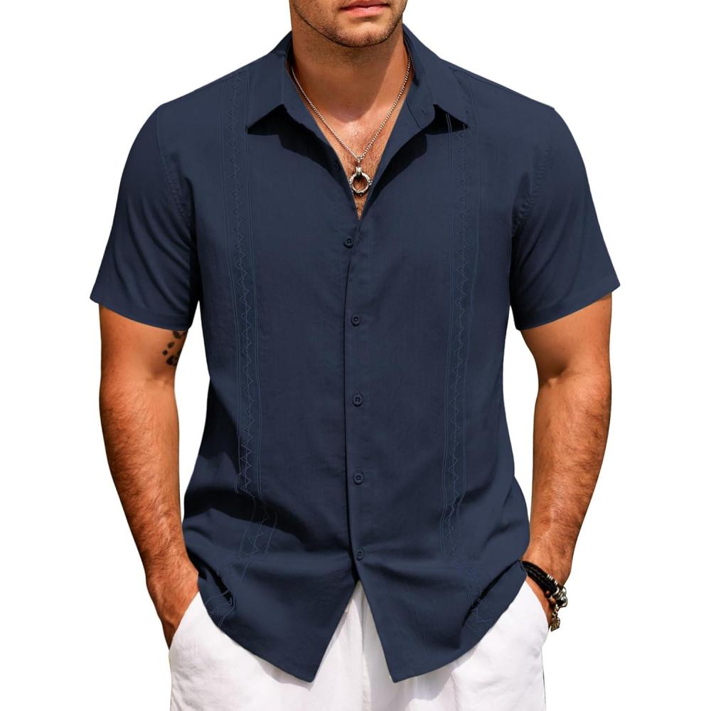imageCOOFANDY Cuban Guayabera Shirts for Men Short Sleeve Casual Button Down Shirts Summer Vacation ShirtsDark Navy