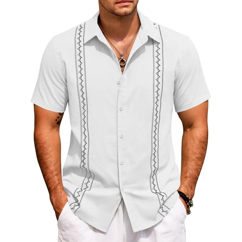 imageCOOFANDY Cuban Guayabera Shirts for Men Short Sleeve Casual Button Down Shirts Summer Vacation ShirtsWhite