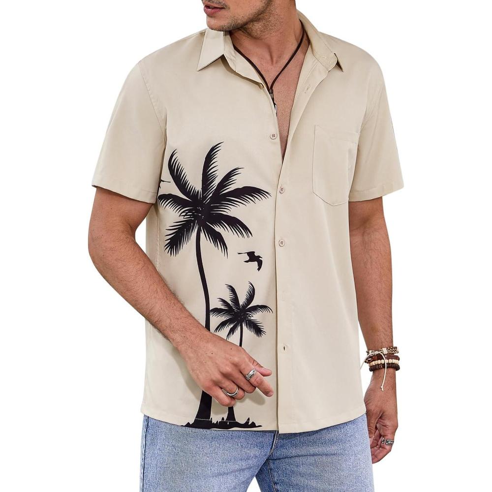 imageCOOFANDY Hawaiian Short Button Sleeve Down Shirt Shirts BeachBeige Palm Tree
