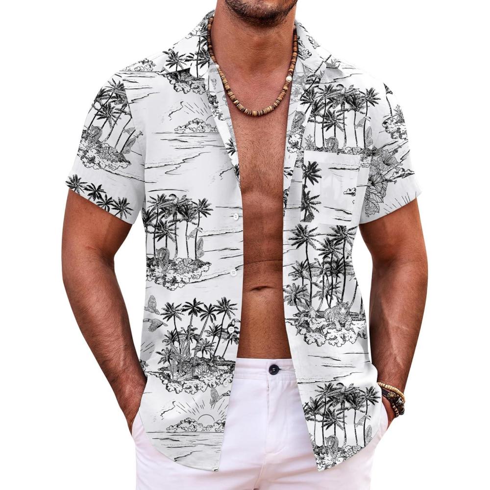 imageCOOFANDY Hawaiian Short Button Sleeve Down Shirt Shirts BeachBlack Treewhite