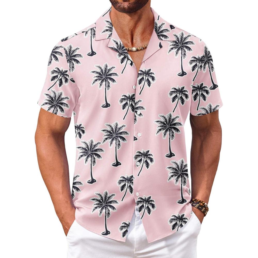 imageCOOFANDY Hawaiian Short Button Sleeve Down Shirt Shirts BeachCoconut Treepink