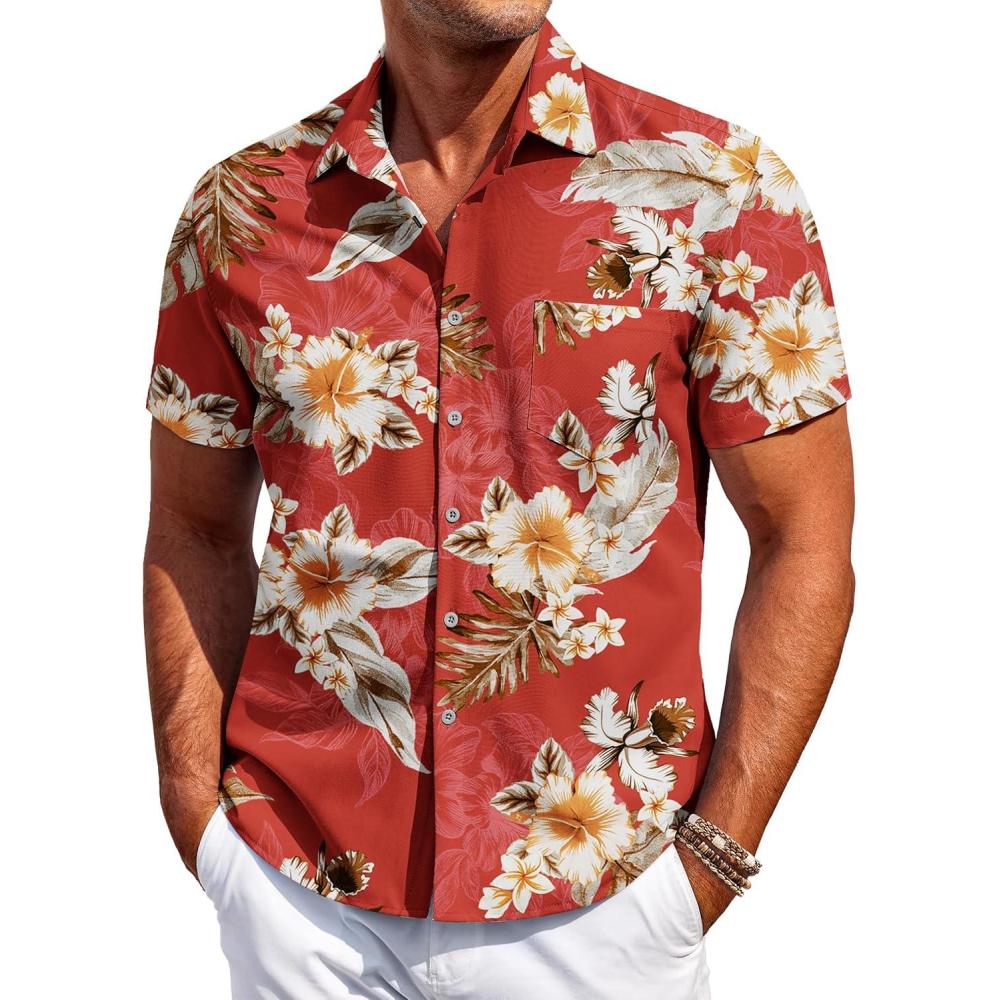 imageCOOFANDY Hawaiian Short Button Sleeve Down Shirt Shirts BeachFlowerred