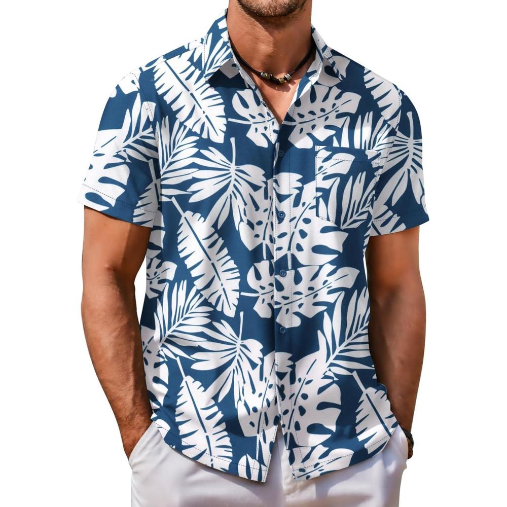 imageCOOFANDY Hawaiian Short Button Sleeve Down Shirt Shirts BeachLeafblue