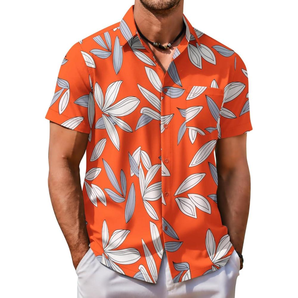 imageCOOFANDY Hawaiian Short Button Sleeve Down Shirt Shirts BeachLeaforange